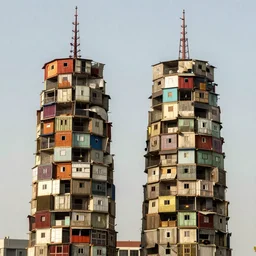two towers, made up of makeshift squatter shacks with vintage colours, dystopia, hasselblad x 1 d, fully frontal view, very detailed, ultra sharp, photographed by jeanette hagglund and ansel adams