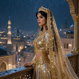 an arabian princess looking over her city at night in the rain, shiny, fantasy, intricate, elegant, hyper detailed, ultra definition, photoreal, artstation, unreal engine rendered, concept art, smooth, sharp focus, illustration, art by artgerm and greg rutkowski and alphonse mucha and garis edelweiss