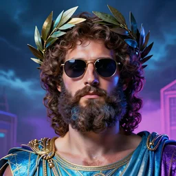 portrait of glamor greek god zeus | wearing sunglasses and a laurel wreath | curly hair, beard | storm background | highly detailed | very intricate | professional model | cinematic lighting | painted by donato giancola and mandy jurgens and charlie bowater | bold colors, artdeco, art deco synthwave blue purple pink aesthestic, 8 0's nostalgia | featured on artstation
