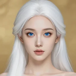 a beautiful portrait, golden background, gorgeous fantasy woman, professionally retouched, soft lighting, realistic, smooth face, gorgeous blue eyes, long white hair, cute ears, wide angle, sharp focus on the eyes, 8 k high definition, insanely detailed, intricate, elegant, gorgeous, art by artgerm and wlop