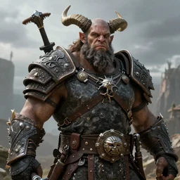 A large barbarian wearing modern military gear, with horns on his head and shoulders, epic, realistic, 8k, detailed, fantasy, extremely detailed, masterpiece, art