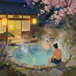 painting of male warrior bathing in private magical empty onsen next to japanese inn with levitating lanterns and flowers by greg rutkowski craig mullins ross tran mucha cozy hot springs bonsai zen garden steamy flowers japanese motifs concept art clear focus fantasy specular lighting global illumination trending on artstation
