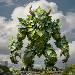 thick clouds behind, macro long depth of field portrait of a monster! made of leaves, wide aperture, dramatic light, dystopian environment, intricate, highly detailed, artstation, sharp focus, artgerm