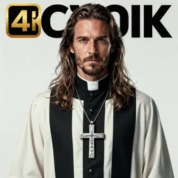 action movie hero wearing dressed in priest's robes with a cross necklace. movie poster. 4k. Long flowing hair. pecks of steel.