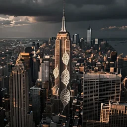new york city, made of intricate decorative lace leaf skeleton, shot from a drone, in the style of the dutch masters and gregory crewdson, dark and moody