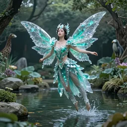 fairy wearing armor made of crystals colored teal flying over a beautiful pond surrounded by various fauna, realistic, harsh lighting, traditional