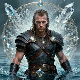 portrait of a retropunk viking man wearing a warrior armor, drenched body, wet dripping hair, emerging from the water, fantasy, regal, fractal crystal, fractal gems, by stanley artgerm lau, greg rutkowski, thomas kindkade, alphonse mucha, loish, norman rockwell.