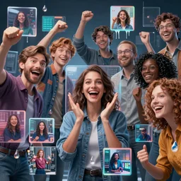 epic group happy humans, hyper realistic, detailed flow of beautiful digital images, squares and rectangles floating graphics, dripping light drops, supercomputers text to images, beautiful random images, highly detailed, super realistic, perfect lighting pixel sorting, style sheet