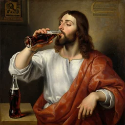 a renaissance oil painting of jesus drinking coke