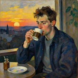 attractive man drinking coffee, sunset, painting by paul cezanne, vladimir volegov, j. c. leyendecker, tom of finland, trending on artstation