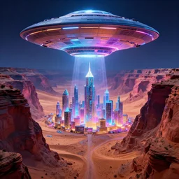 mystical ufo over infinite desert canyon with glass city, dramatic bright neon colors, highly detailed, cinematic, synthwave, robert morello, vladimir kush, chris foss, roger dean, michael whelan, bruce pennington, lisa frank, bob eggleton, alfred kelsner, kubrick, wojtek suidmak