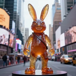 a realistic sculpture made out of jelly of a very scary bunny with sharp teeth made by michelangelo, standing in times square, 3 d render, hyper detailed, sharp focus, 8 k resolution