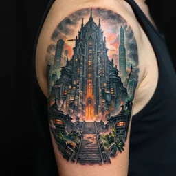 Well-detailed color Tattoo stencil, excellent composition, cinematic dystopian brutalist