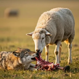 sheep eating a wolf carcass, wolf carcass, national geographics, golden hour, beautiful, 6 0 0 mm