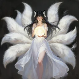 a woman in a white dress holding a glowing ball, with nine white fox tails, a detailed painting by ross tran, wlop and stanley artgerm lau, featured on deviantart, fantasy art, anime, 2 d game art, official art