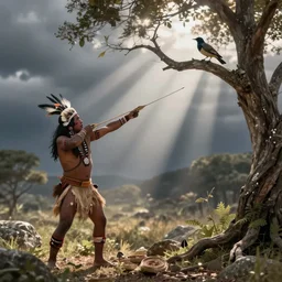 indigenous tribesman fires arrow at a bird on a branch, concept art