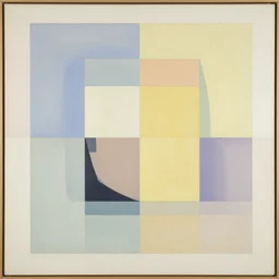 A abstract painting in the style of Sophie Taeuber-Arp and Gary Hume and Tatsuro Kiuchi, 1970s Scandinavian naturalistic minimalism style, flat colour-block style, geometric abstraction, modern pastel colours