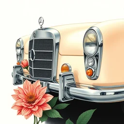 portrait of a vintage mercedes - benz and a chrysanthemum. by shin hanga and kawanabe kyosai and cory loftis and rossdraws and wlop and jung gi kim rule of thirds