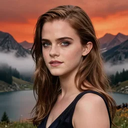 color still photo of emma watson at a mountain landscape, lake, orange red sky, fog, detailed, heavy makeup on face