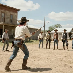 an old west shootout in the middle of town n-9