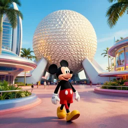 walt disney walking inside of his completed epcot. beautiful retro - futuristic 1 9 6 0 s city.