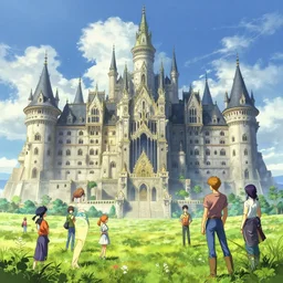 giant castle temple megastructure in meadow by gaston bussiere, anna nikonova aka newmilky, greg rutkowski, yoji shinkawa, yoshitaka amano, moebius, donato giancola, geoffroy thoorens, trending on artstation, pixiv, cinematic composition, 8 k