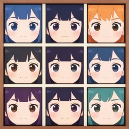 3 rows of 3 framed closeup colorful anime face portraits of cute evil robots from mega man, inspired by osamu tezuka, with a futuristic robotic background.