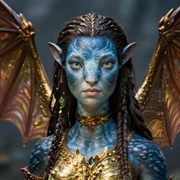 a stunning ultra detailed fantasy fine art portrait photo of a na'vi goddess from avatar movie wearing with bat wings, by karol bak, artgerm and anna dittman, arms made of dragon skin, golden ratio composition, deep depth of field, perfect eyes and face, cyberpunk, soft lighting, artstation, 8 k