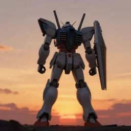 a single mecha facing the sunset seen from the back, low angle shot, cinematic, artstation, matte drawing, concept art, matte painting