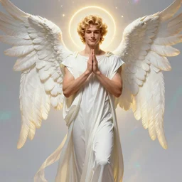 fullbody portrait of a beautiful young fit male angel with curly blond hairs, soft smile, blessing hands, dressed with long fluent tunic, majestic symmetrical eagle wings, luminous halo, by greg rutkowski and alphonse mucha, gradient white to gold, in front of an iridescent background, highly detailed, digital painting, artstation, concept art, smooth, sharp focus illustration