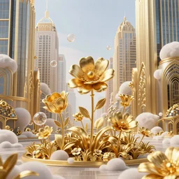 gold flower garden in a megacity, amaro, art nouveau, foamy bubbles, Redshift render, cgi, 3d, hyper-detailed, ultra-realistic, photo-bash, 8k post-production,