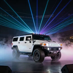 hummer truck on a stage : : surrounded by fog and a laser show.