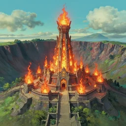 monumental temple of god of fire, temple with fire theme build on caldera of volcano, megascan textures, cinematic composition, Jim Burns, Craig Mullins, wide angle, in the style of hayao miyazaki + brian froud + kim jung gi, studio ghibli, beautiful soft lines finish, soft filmic