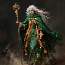 a wizard with white hair and a green scarf, windy, cape, orange ribbons, stars, melancholic, modern maximalist fashion dress, is ( ( holding a staff ) ). light dust, magnificent, hyperdetailed, theatrical, painted by jean honore fragonard and gaston bussiere and greg rutkowski