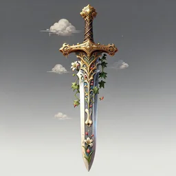 beautiful fantasy giant sword carved with decorative ornament, acanthus scrolls, lilies, ivy, energy, geometry, bones, petals, stems, ceremonial clouds, dripping paint, fibonacci rhythm, artstation, artgerm, wlop, symmetric ornaments, v 0 2