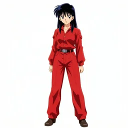 anime girl with a detailed face and black hair in a red outfit under an empty space, full body, trending, illustration, by hiroyuki imaishi