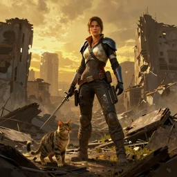 fallout 5 concept art, female protagonist and feline companion, outdoor scene, some in the ruined city, atmospheric lighting, painted, cinematic, wide angle shot, intricate, volumetric lighting, beautiful, gritty, rich deep colours masterpiece, golden ratio, golden hour, sharp focus, ultra detailed by jack kirby, ignacio fernandez rios, thierry doizon
