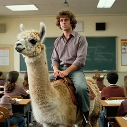 movie still ron jeremy riding a llama in a classroom, 1 9 7 0 horror film style