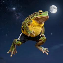 a toad! with green muscular body, wearing yellow sleeveless shirt and black sport shorts, jumps to the sky and stars, cosmos, moon, by mucha and caspar david friedrich, atmospheric lighting, intricate detail, cgsociety, hyperrealistic, octane render, rpg portrait, ambient light, dynamic lighting