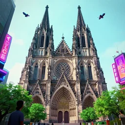 a gothic cathedral dan mumford and josan gonzalez and simon stalenhag, cyberpunk, vibrant, utopian, police drones, neon signs, high contrast, green trees, light blue sky