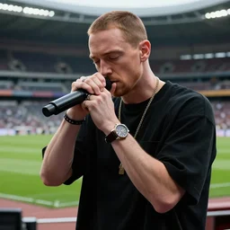 eminem rapping in front of an empty stadium and sad, hyper detailed, smooth, unreal engine, sharp focus, ray tracing