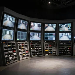 candid photograph of portal system multi - hub viewport interface, the space has ample cubbies to store small items, the lack of floor removes all sense of orientation, depth of field, stark chiaroscuro lighting