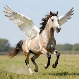 a winged appaloosa horse is flapping its wings while running. high quality digital art