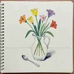 flowers in jug, sketchbook, spoon. still life on a table in the style of ivon hitchens and ben nicholson. drawing on an oil painting, minimal, marks