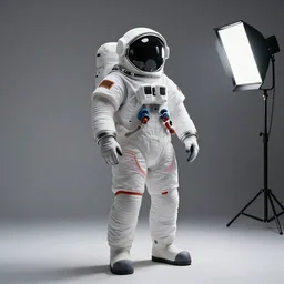 studio photo still of a full body shark in a space suit, 8 k, studio lighting, key light from right side,