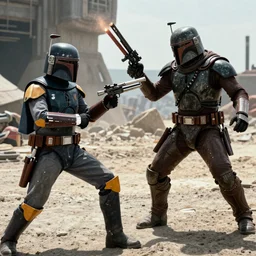 Boba Fett dueling Bossk on corellia, movie still, cinematic, blasters