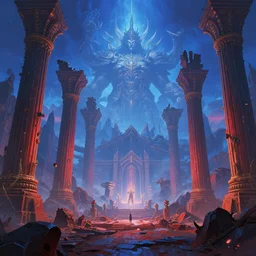 epic intrincated fantasy landscape, vibrant blue and red color scheme, atmospheric perspective, large destroyed giant colums!!!, temple of the gods!!, pointy risks mountains, in the style of peter mohrbacher and greg rutkowski, giant final boss in the background