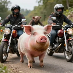 A biker pig with a beard next to other biker animales bikers, hyperrealistic, greg rutkowski, trending in artstation, cinematographic