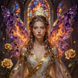 breathtaking detailed soft painting of a fairy bride with fire amethyst wings and golden ribbons in gondor, art nouveau golden rose flowers floating around, detailed symmetrical facial features, rembrandt style, hyper detailed fire stained glass windows, volumetric lighting, concept art, matte, sharp focus, art by matchach, celestialfang