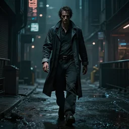 a plague doctor walks through a cyberpunk city, dark atmosphere, detailed, dark Colors